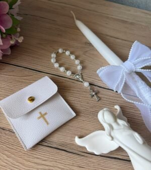Rinkinys Krikštui - žvakė, rožančiukas ir dėkliukas