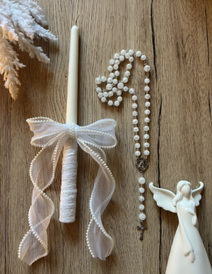 komplektas krykštui komunijai rožančius krikšto žvakė soju vaško zvake