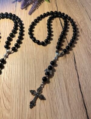 Vyriškas rožančius iš šungito karoliukų su masyviu kryželiu